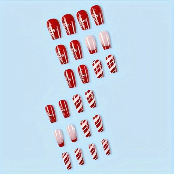 24Pcs Christmas Press on Nails Set - Short Ballet Fake Nails with Red & White - Picture 3 of 7
